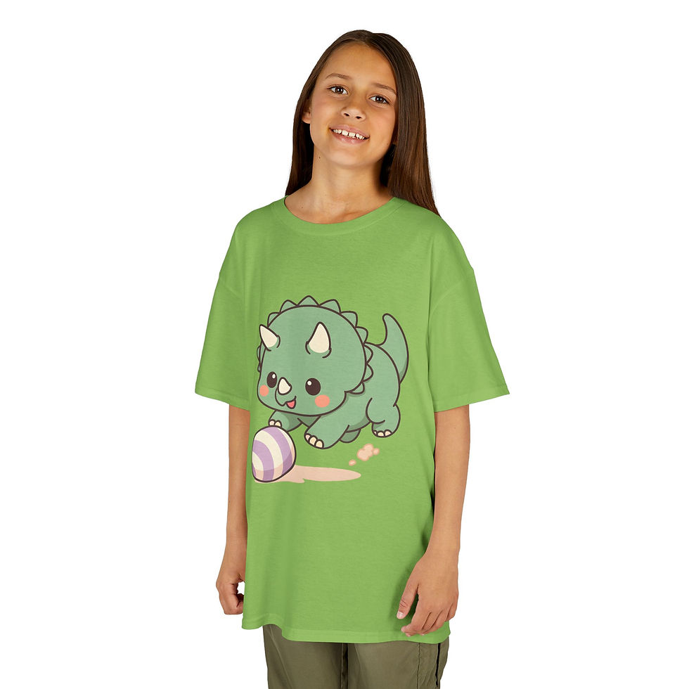 Thumbnail: kawaii cartoon triceratops playing with a ball on a t-shirt
