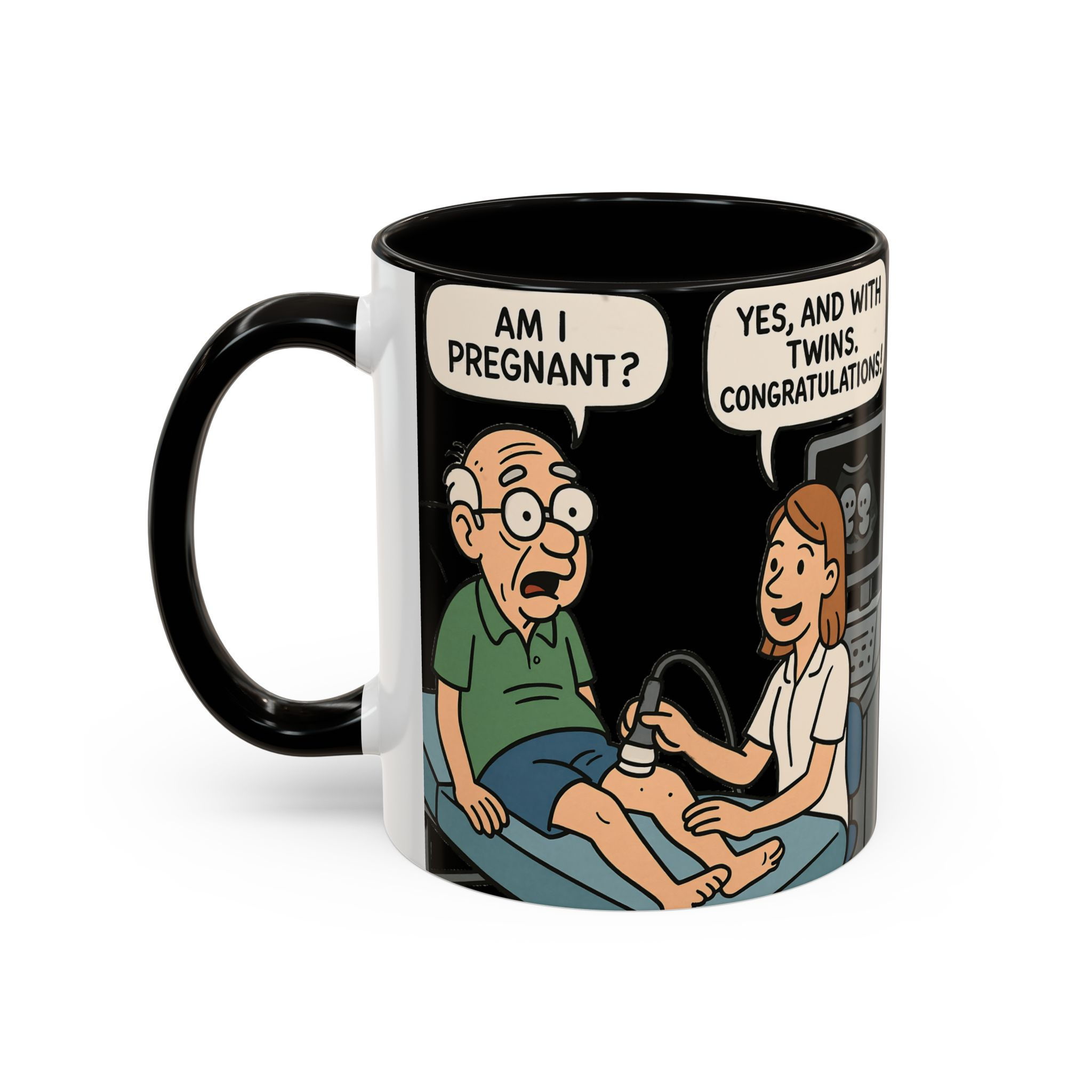 Cartoon old man saying I'm pregnant? Ultrasound Tech Responds with twins congratulations on a mug with color accents