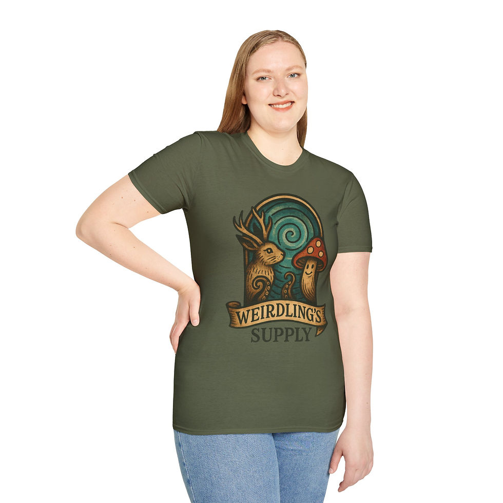 Thumbnail: tee cartoon jackalope, tentacles, smiling mushroom with red top and white spots in front of swirl portal Weirdling's Supply