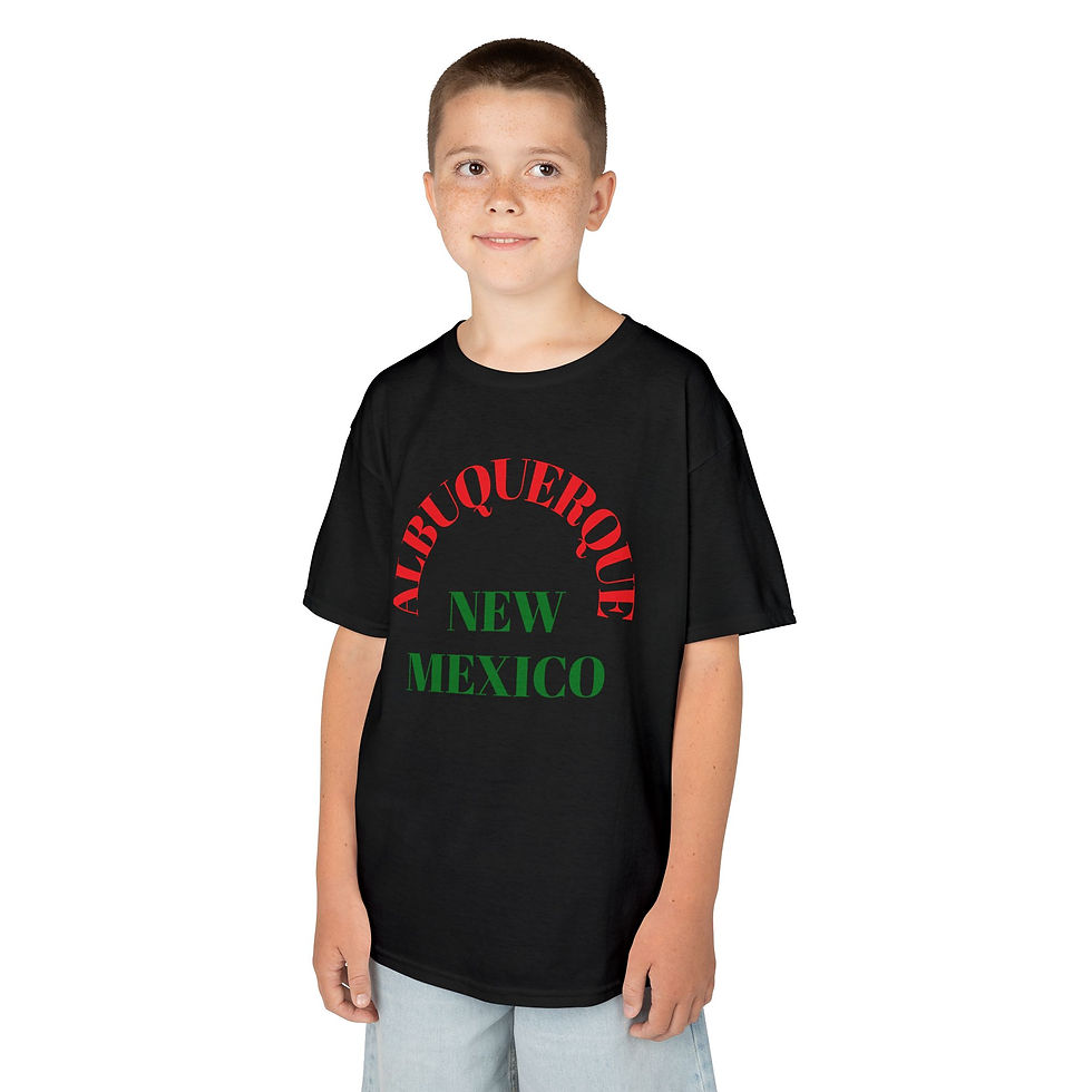 Thumbnail: black tee with red text in arch Albuquerque and green New Mexico Text below