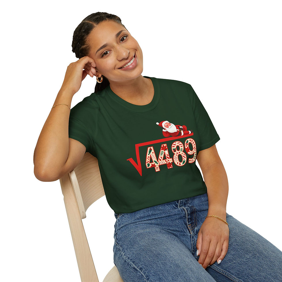 Thumbnail: Forest green tee with cartoon santa on top or square root 4489 with poinsettias in numbers