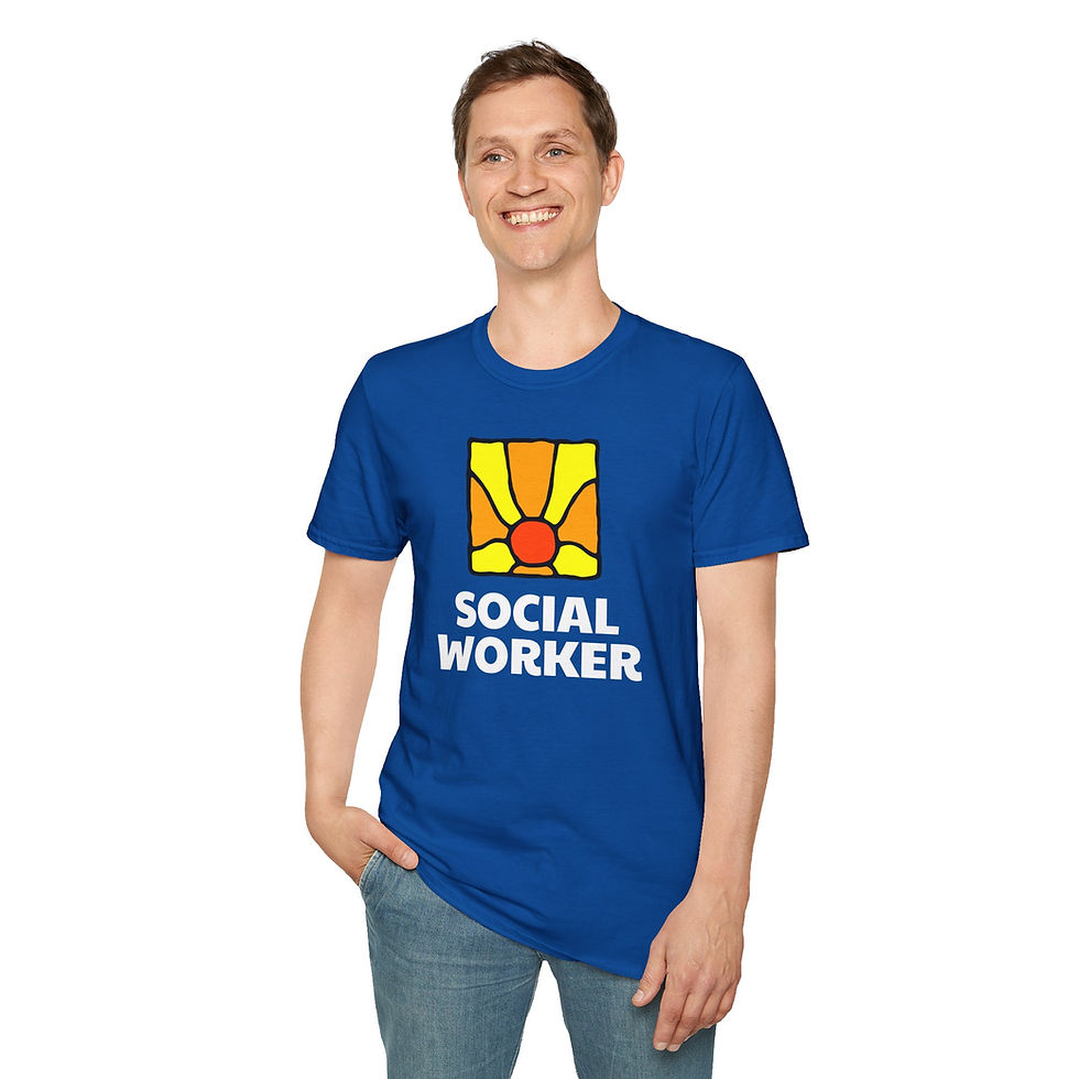 Thumbnail: abstract orange sun with yellow rays with bold text Social worker below on a t-shirt
