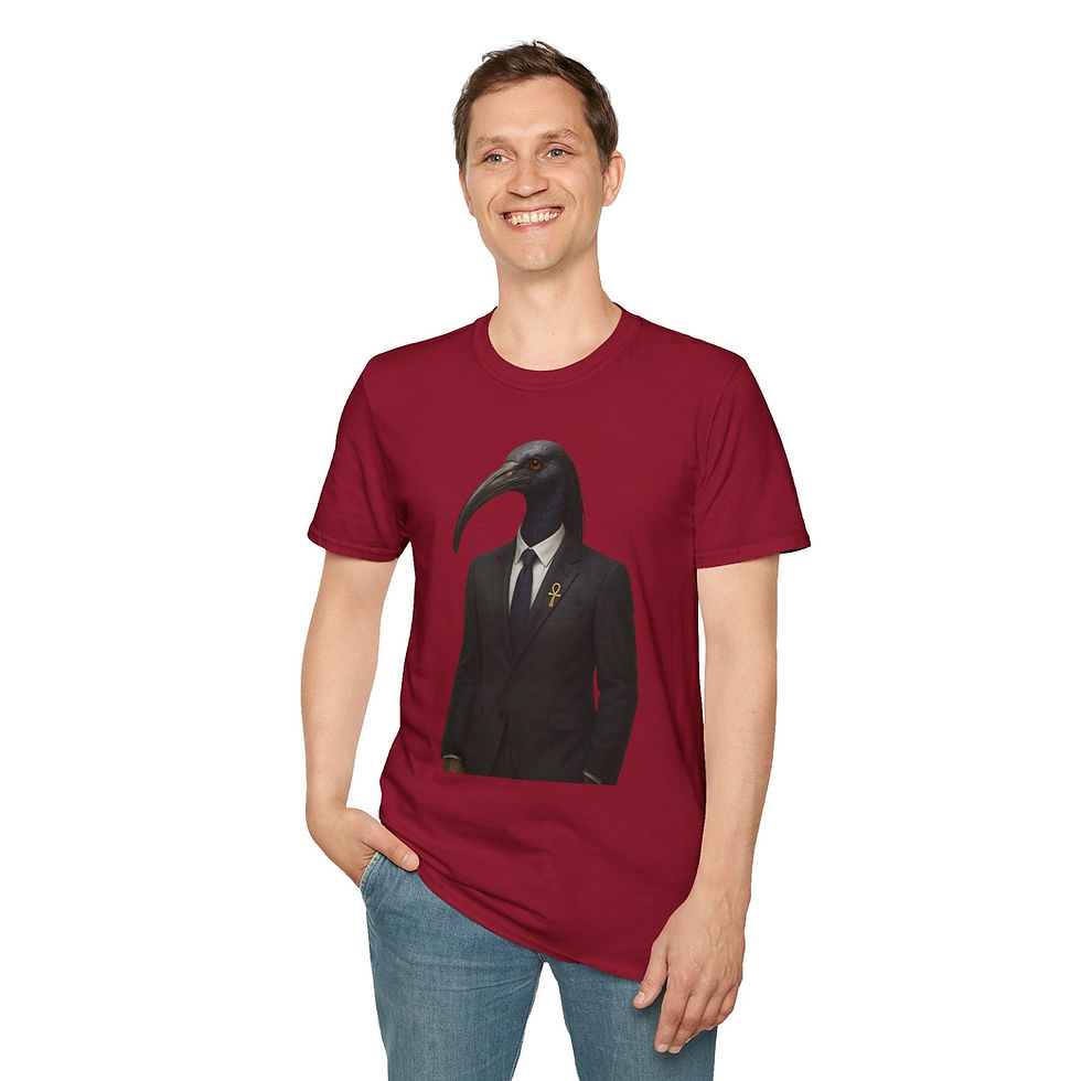 Thumbnail: cardinal red tee with Ibis head Thoth God in a business suite