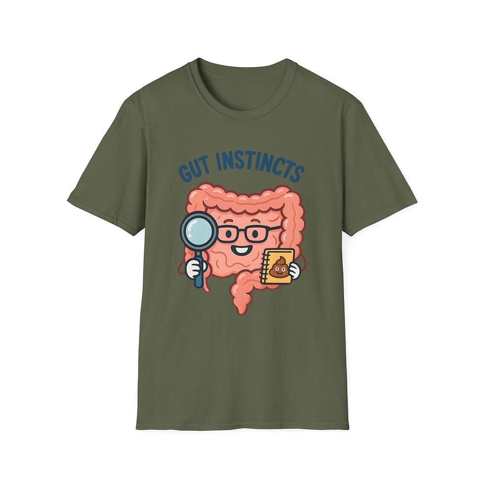 Thumbnail: bold text with cartoon colon with glasses holding a magnifying g;ass and a notebook with a poop emoji on it on a t-shirt