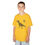 Thumbnail: yellow tee with Tyrannosaurus Rex silhouette of multi-color dots and a multi-color dot sunburst