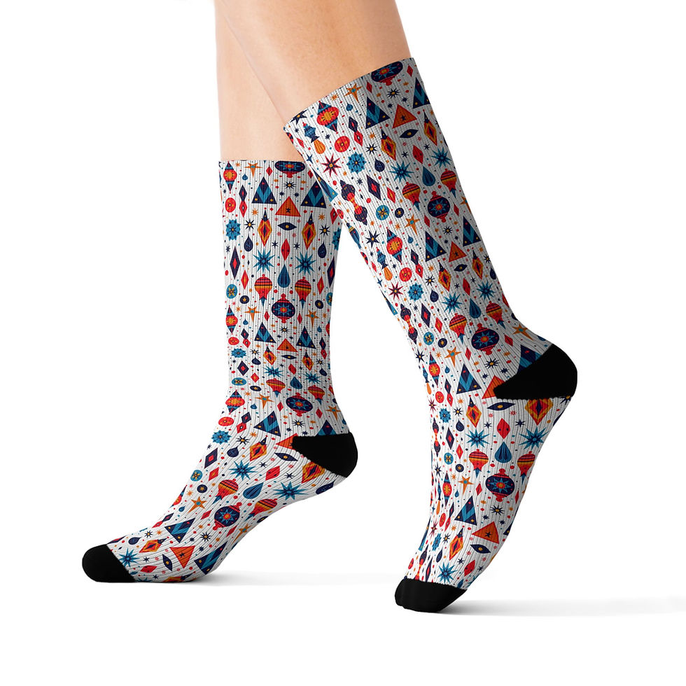 Thumbnail: Bold Geometric Pattern Socks, Retro Red, Blue & Orange Crew with Black Accents