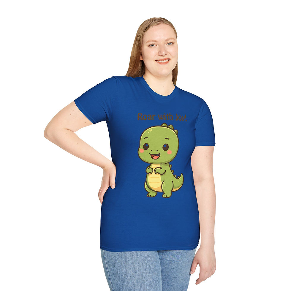 Thumbnail: Cute green cartoon dinosaur with text Roar with Joy! above it in a t-shirt