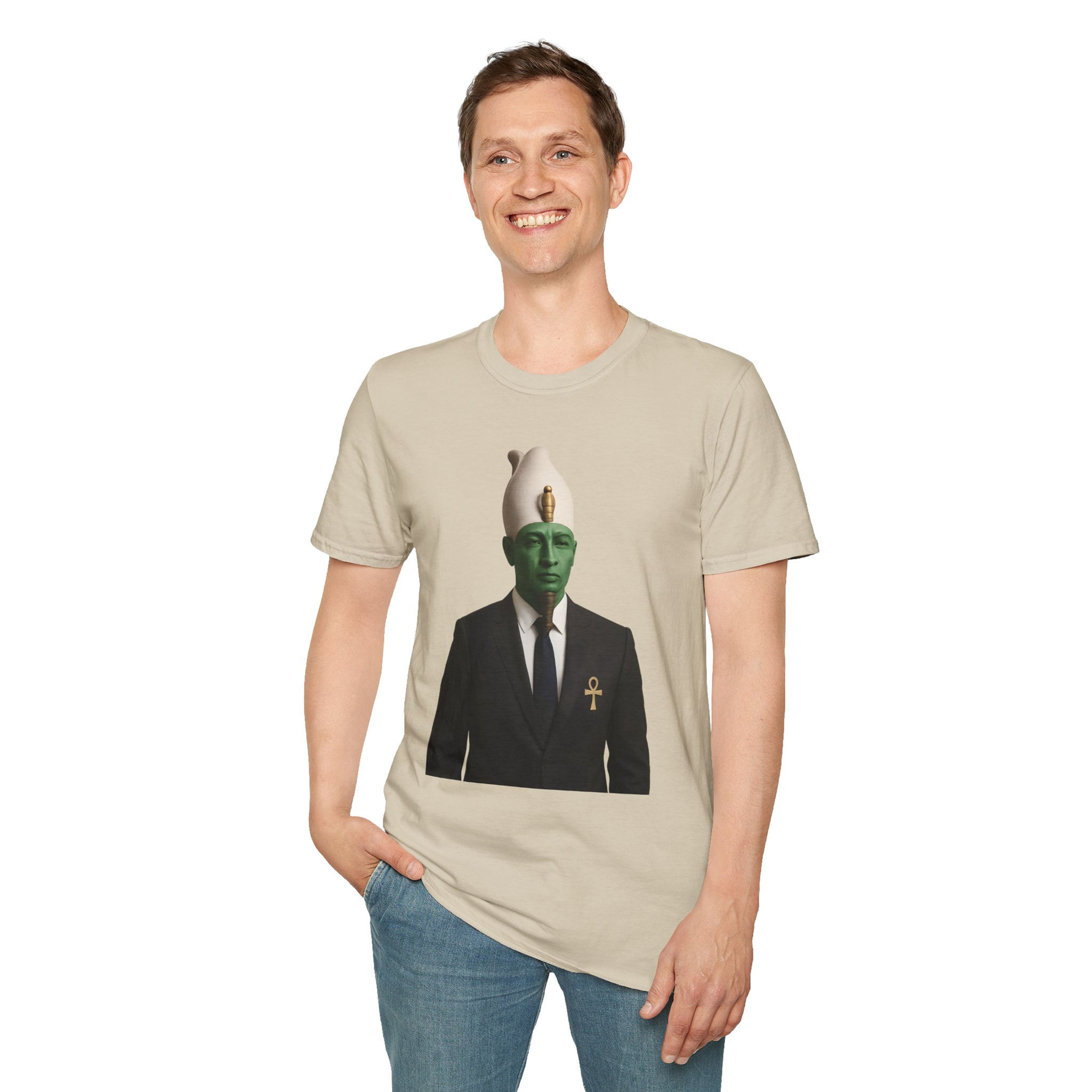 sand tee with Osiris in a business suit