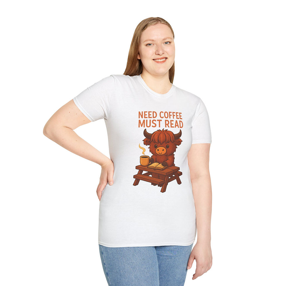 Thumbnail: white tee with need coffee must read text with cartoon cute highland cow with book and coffee in steaming cup