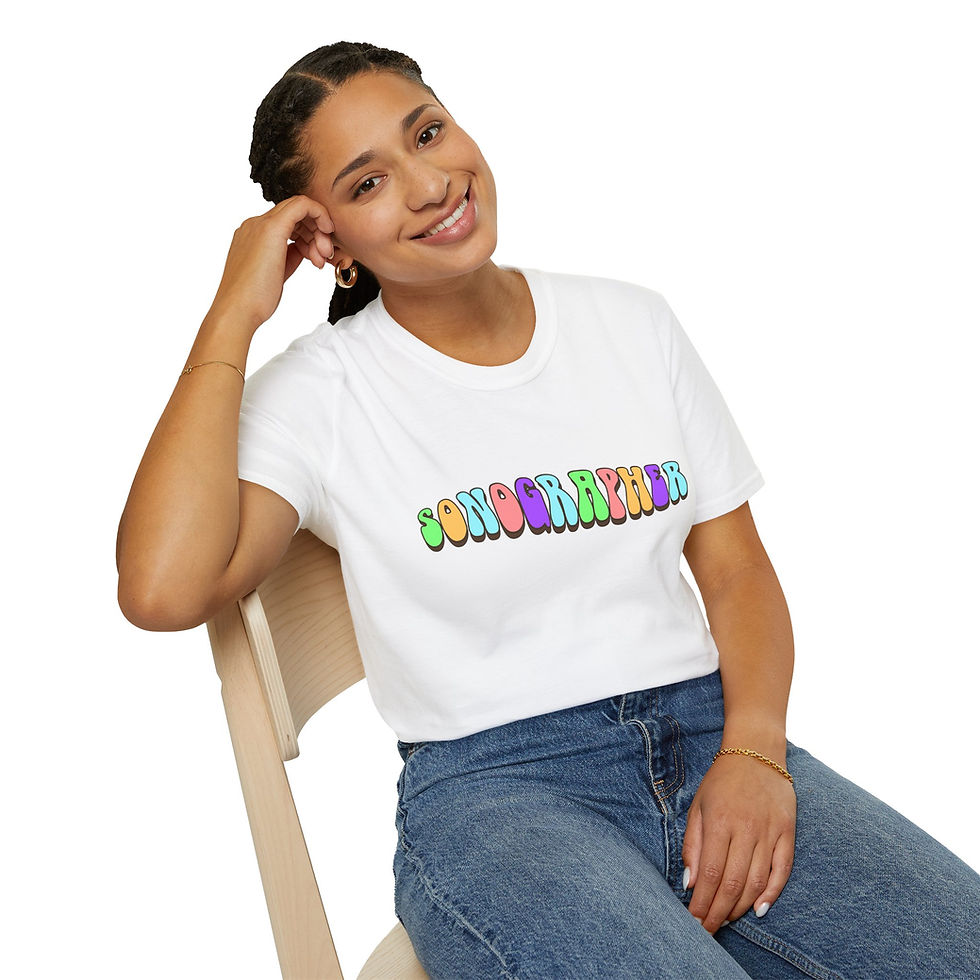 Thumbnail: white tee with colorful retro bubble text Sonographer