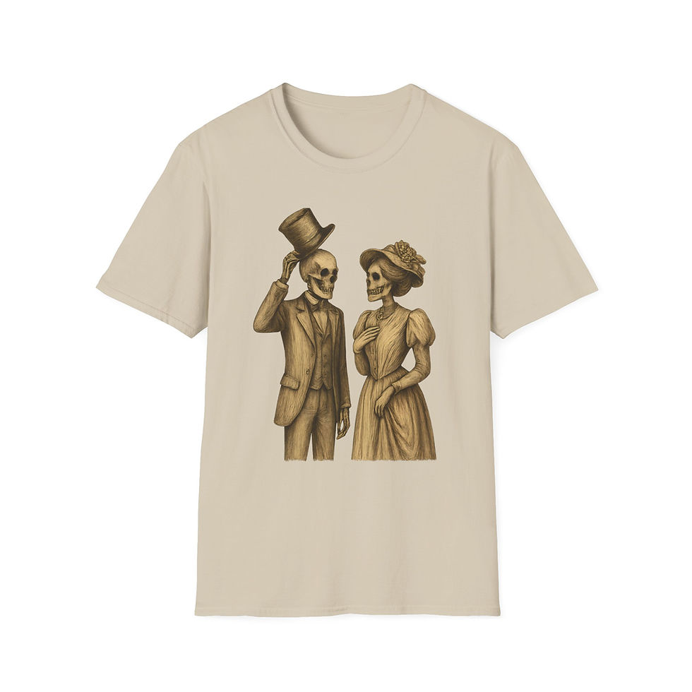 Thumbnail: Sepia toned sketched vintage skeleton couple with man lift his hat for the lady on a T-shirt