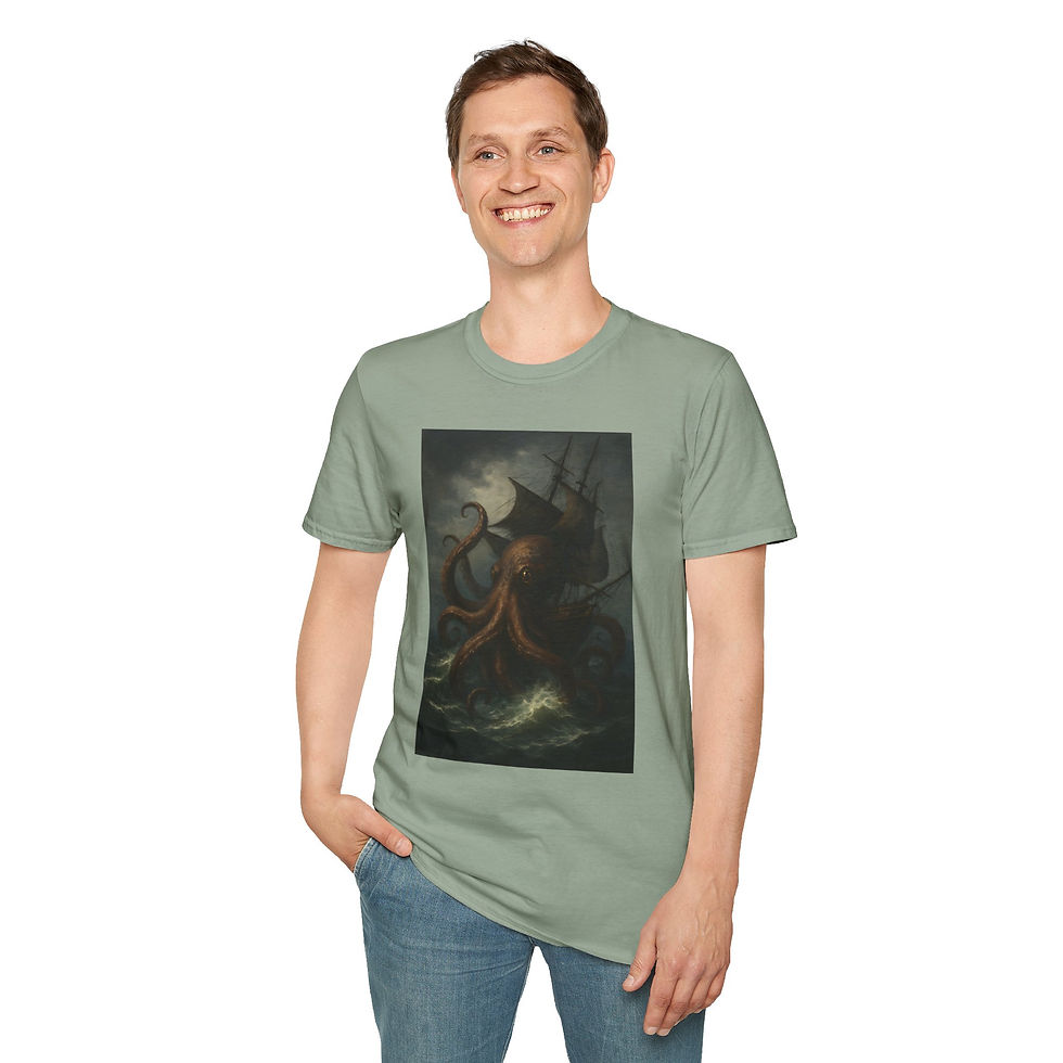 Thumbnail: vintage painting like image of a Kraken in stormy seas attacking a ship on a t-shirt