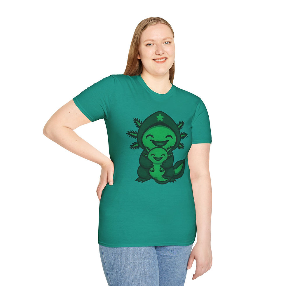 Thumbnail: cute green smiling cartoon axolotl holding a plush copy of itself on a t-shirt  