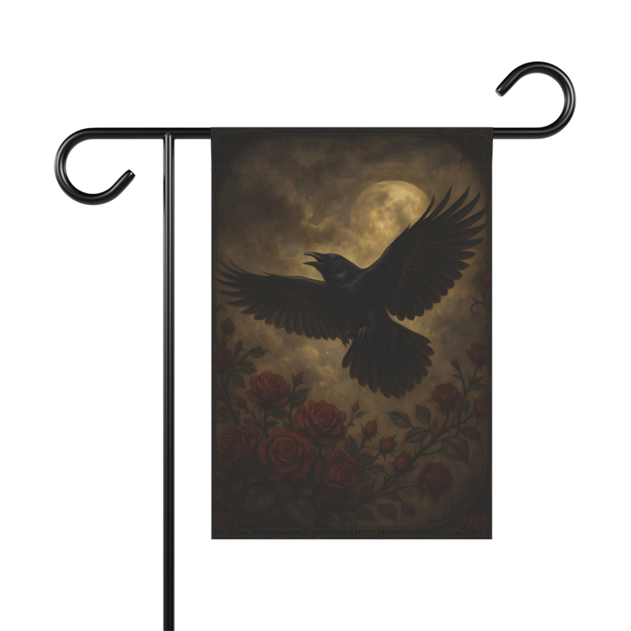 Gothic Raven Garden Banner, Moonlit Flight with Roses, Witchy Gothic Garden