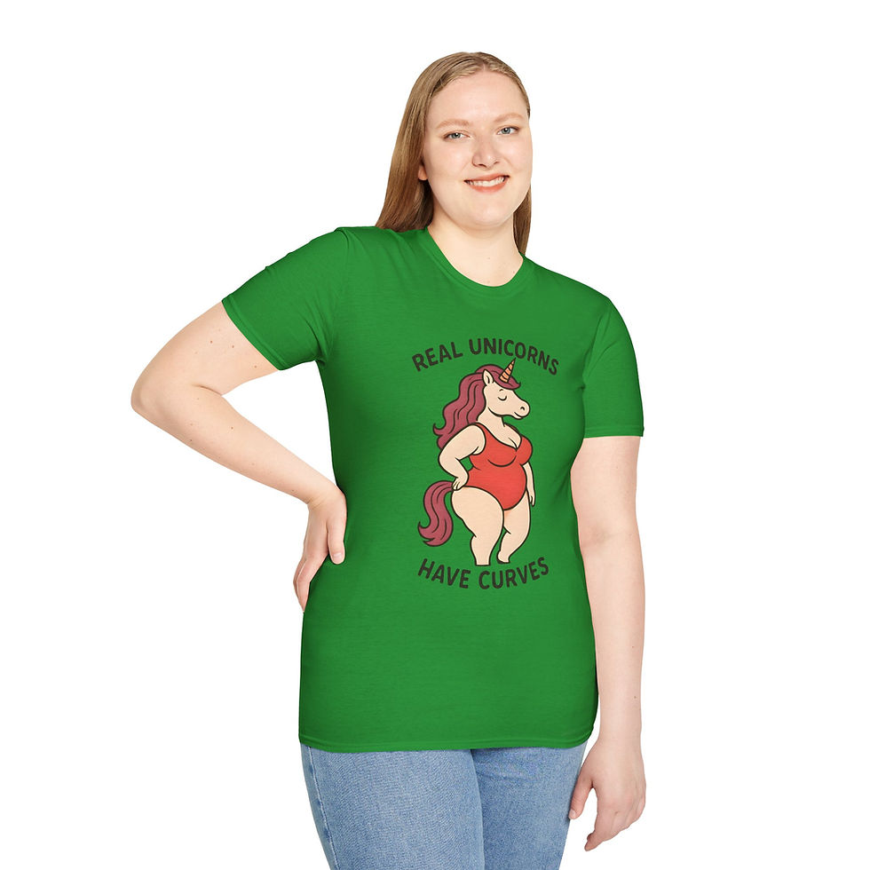 Thumbnail: Irish green tee with Real unicorns have curves text with pink curvy feminine unicorn in red one piece swimsuit