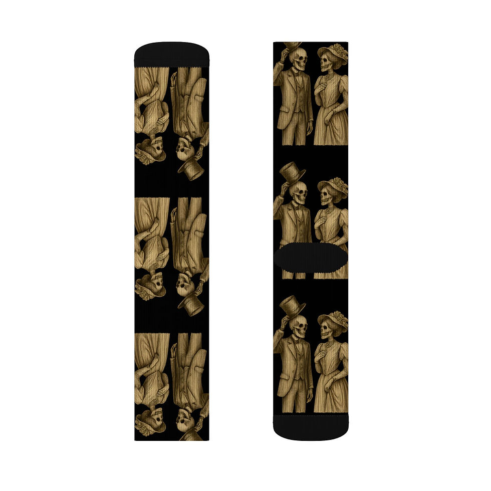 Thumbnail: Victorian Skeleton Couple Socks, Gothic Sepia Print on Black, Unisex Crew Socks