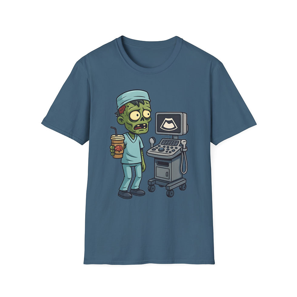 Thumbnail: Cartoon Zombie holding a tumbler with a straw and a brain on it standing next to ultrasound machine on a t-shirt