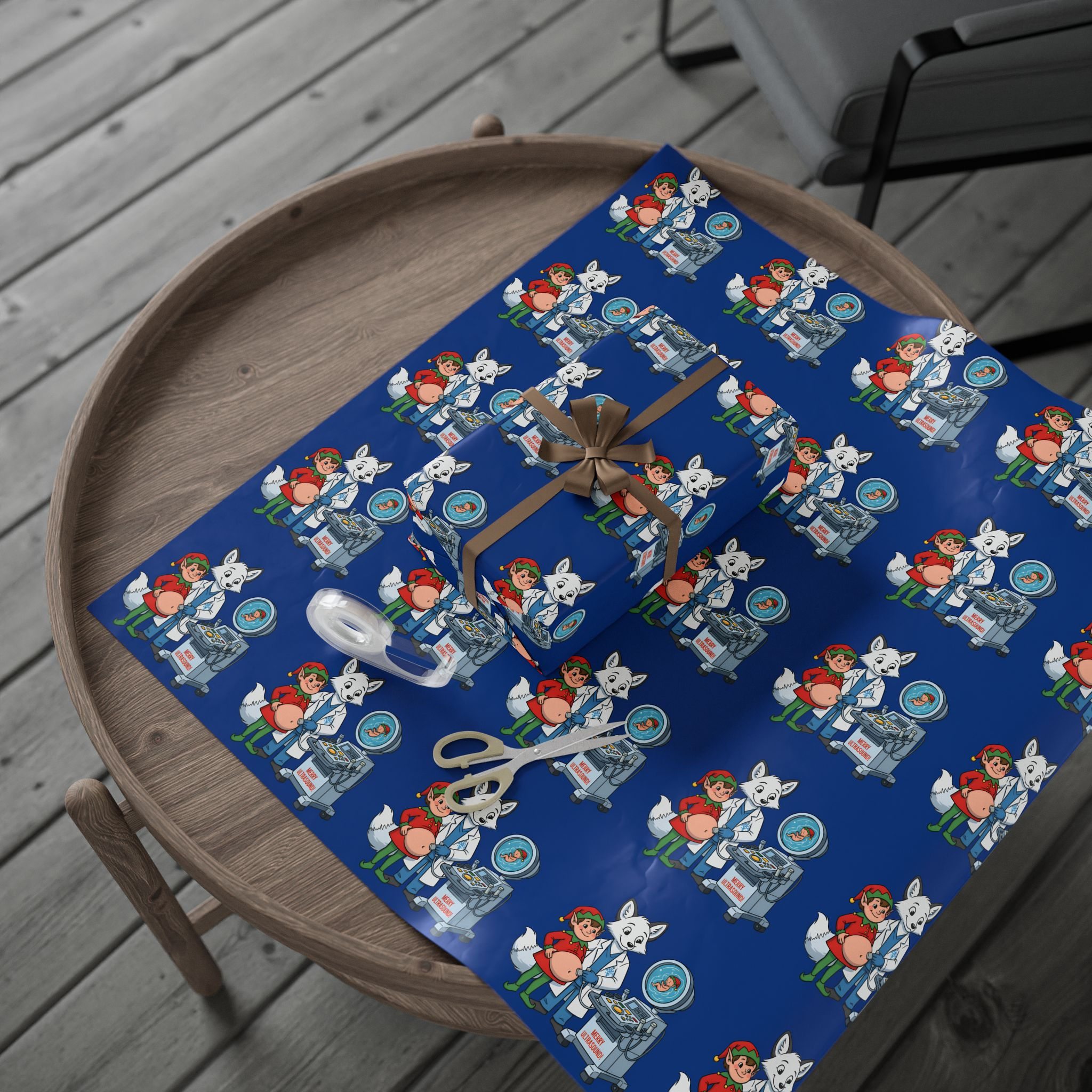 Elf Ultrasound Christmas Wrapping Paper, Fox Doctor, Funny Holiday Scene