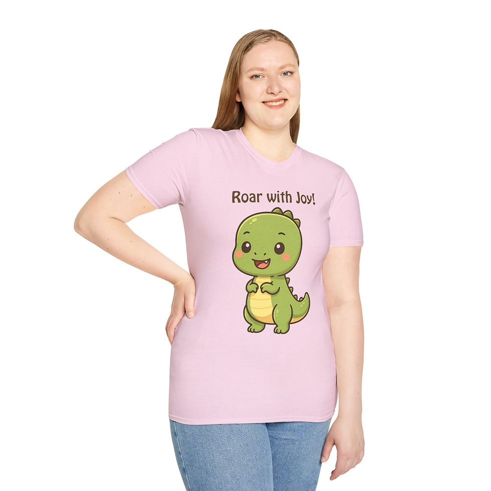 Thumbnail: Cute green cartoon dinosaur with text Roar with Joy! above it in a t-shirt