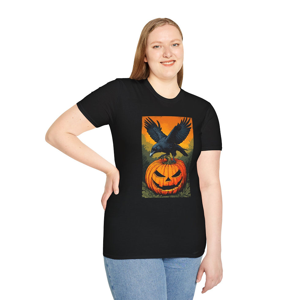 black tee with crow on jack-o-lantern with orange background