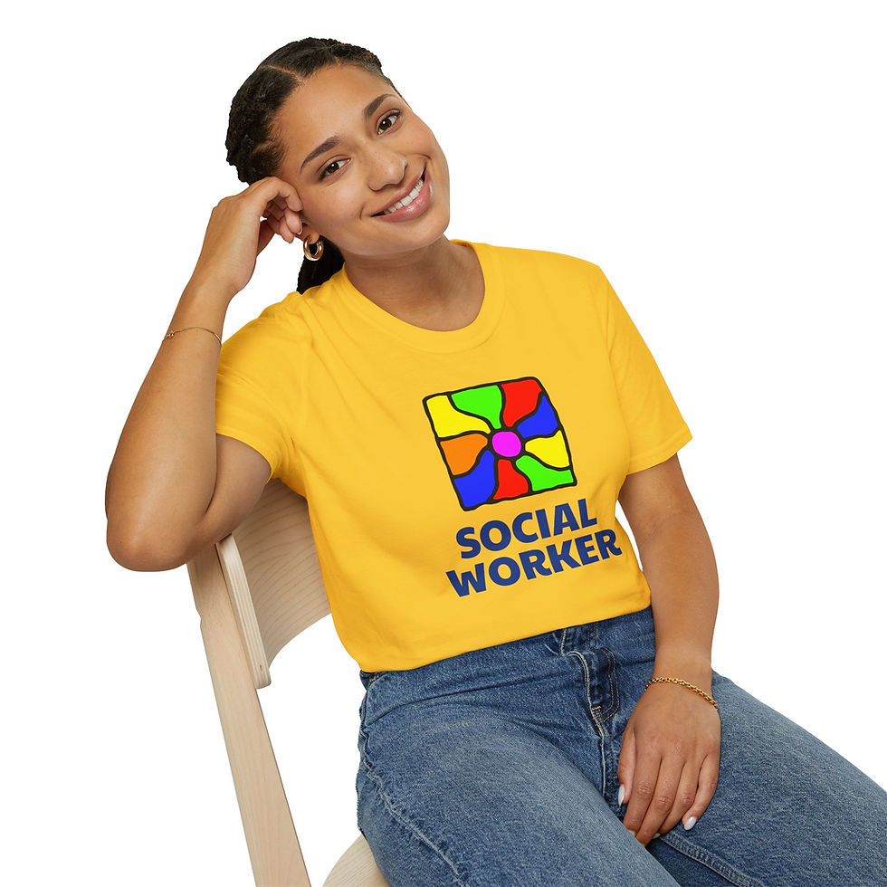 Thumbnail: yellow tee with rainbow colored thick rays around a center pink circle with text social worker below