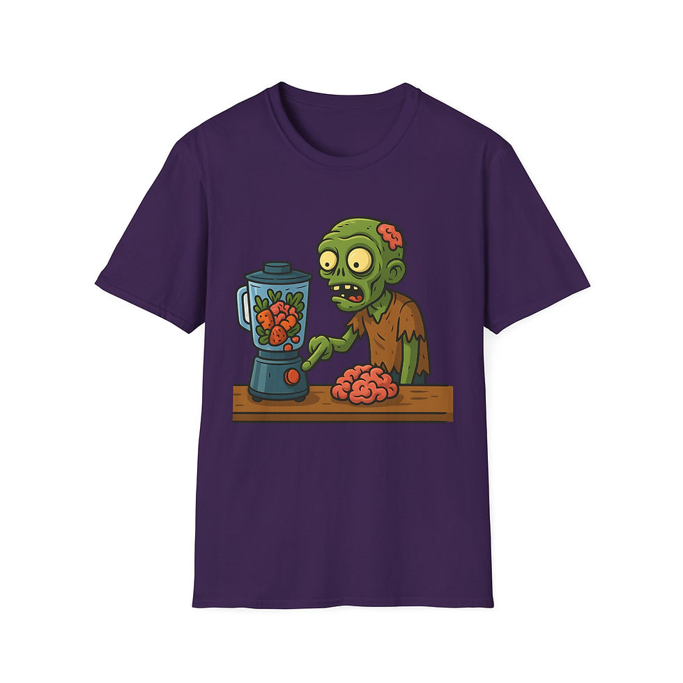 Thumbnail: Cartoon zombie making brain, fruit and veggie smoothie on a shirt 