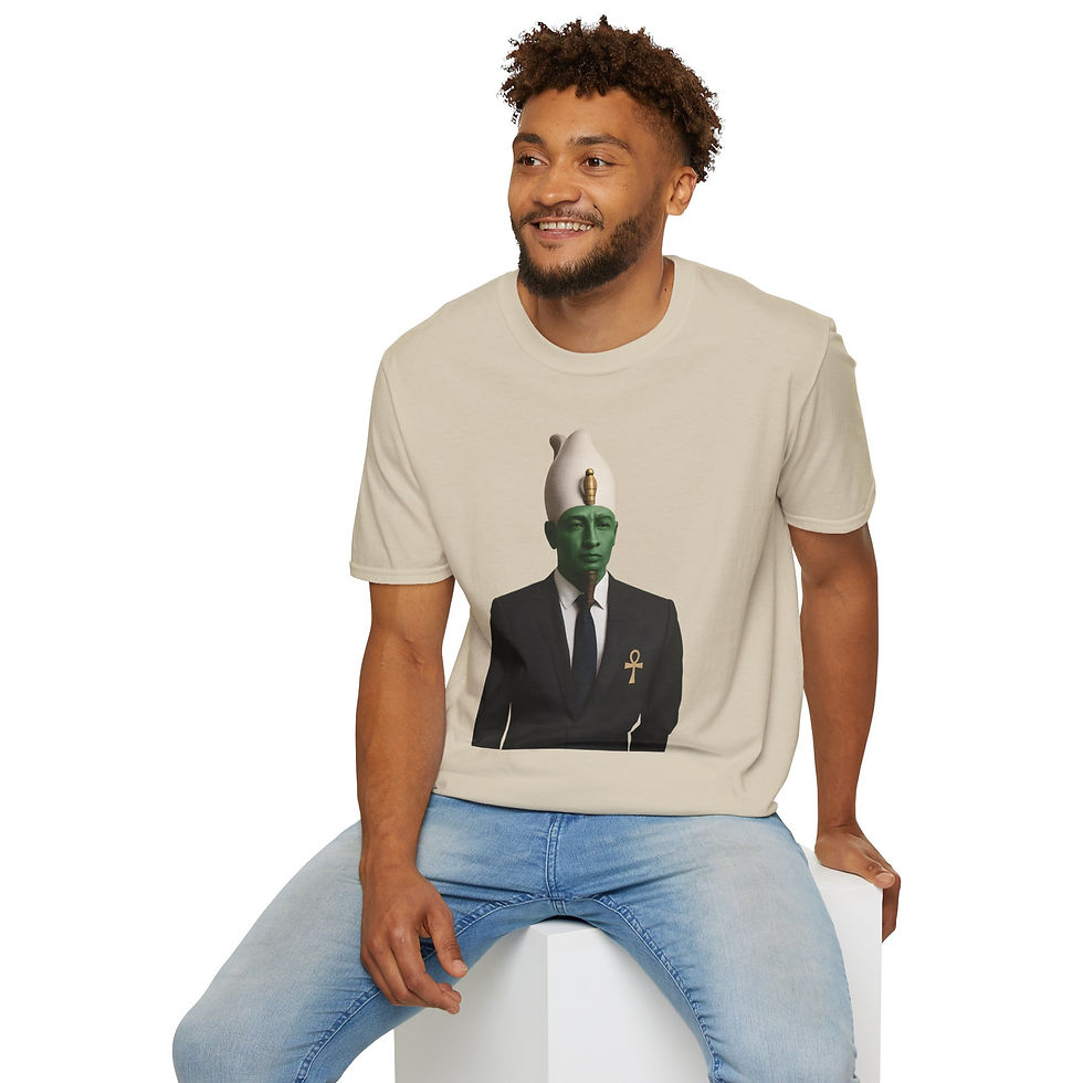 sand tee with Osiris in a business suit