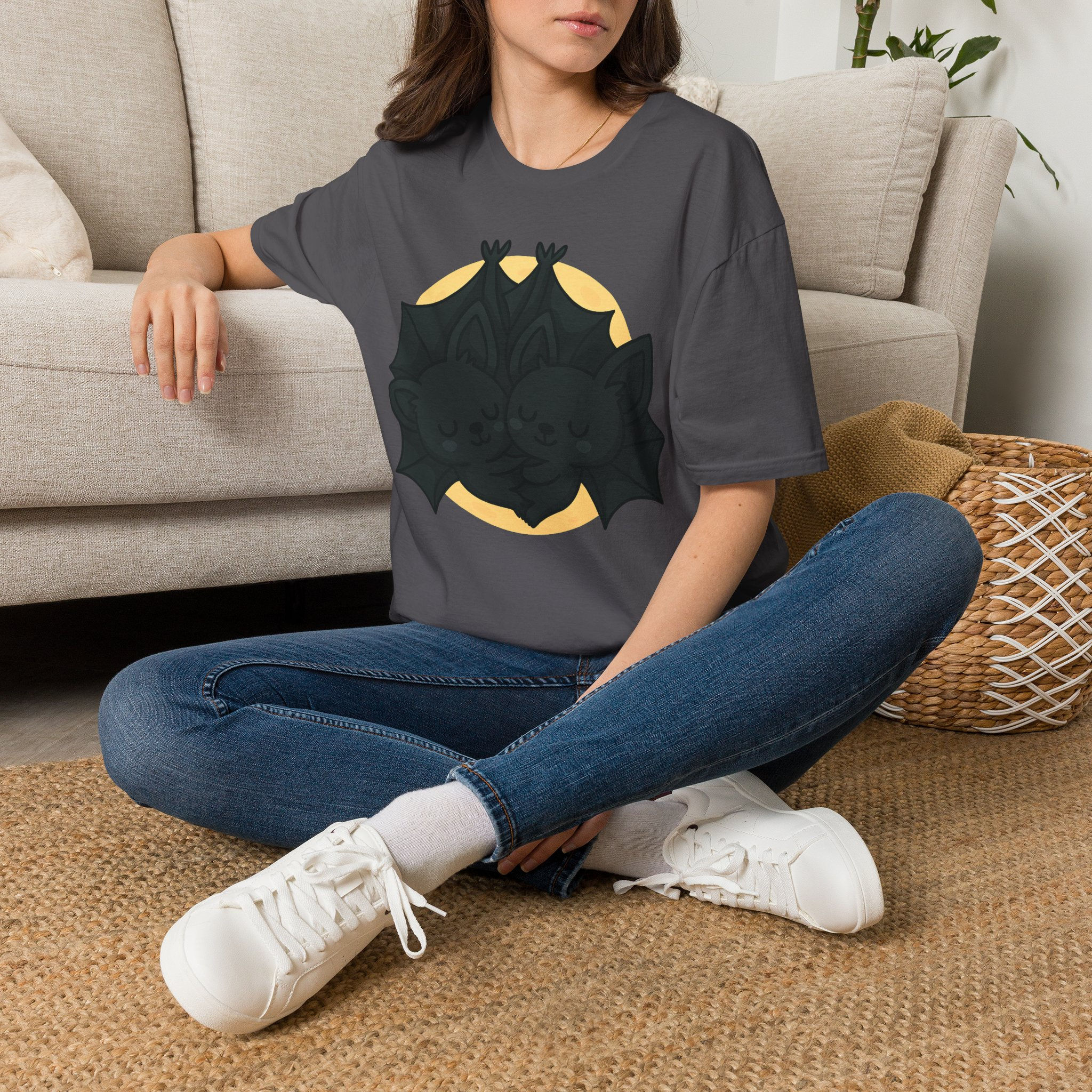 tee with cuddling cute cartoon bats upside down in front of full moon