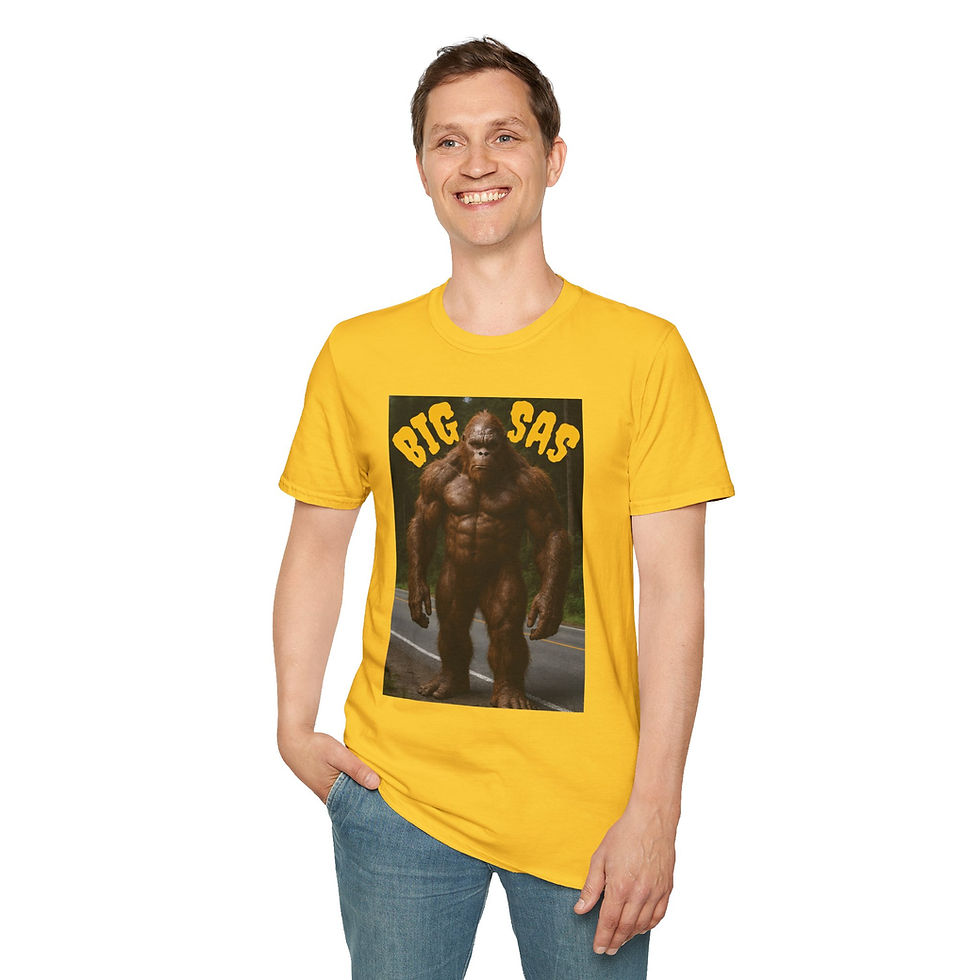 Thumbnail: Bold text Big Sas with a large muscular Sasquatch along a road on a t-shirt