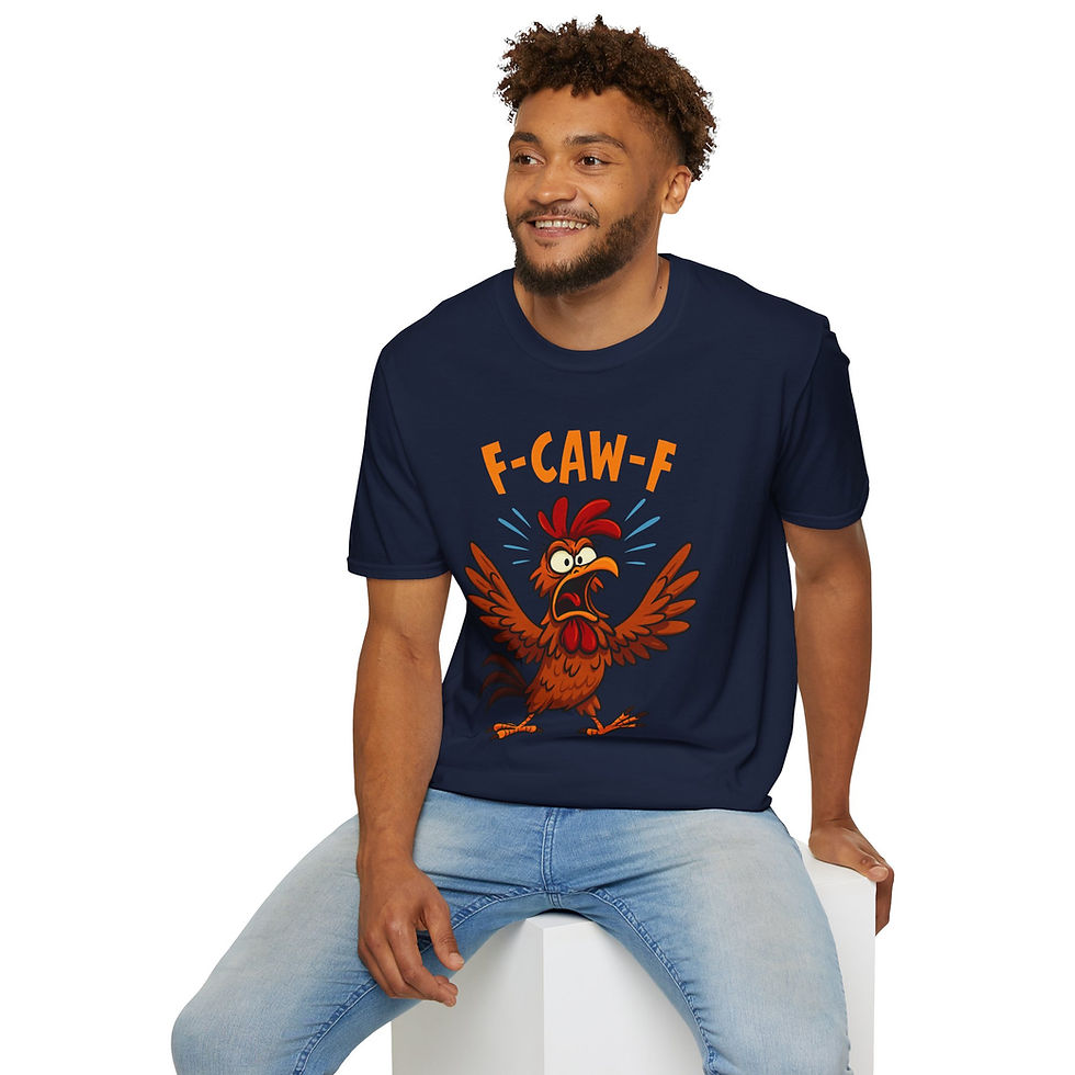 Thumbnail: cartoon frazzled chicken with bold text F-Caw-F on a t-shirt
