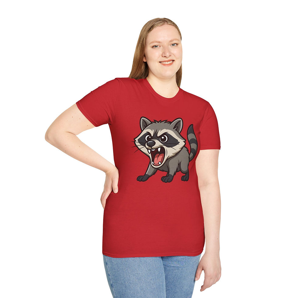 Thumbnail: red tee with cartoon raccoon