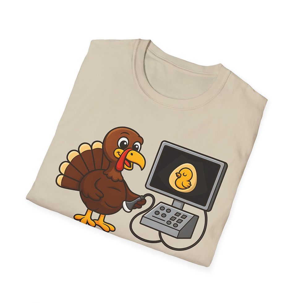 Thumbnail: sand tee with cartoon turkey doing ultrasound on itself egg with chick inside on screen
