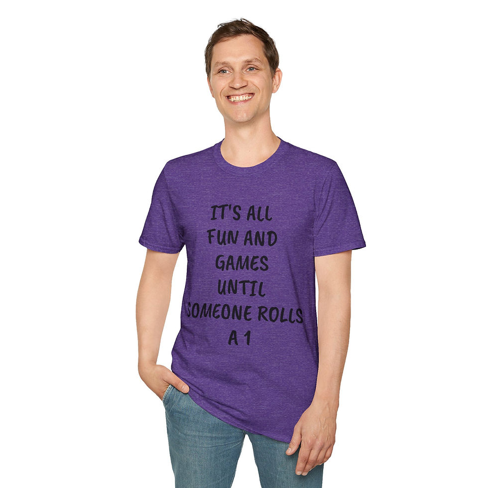 Thumbnail: purple tee with text it's all fun and games until someone rolls a 1