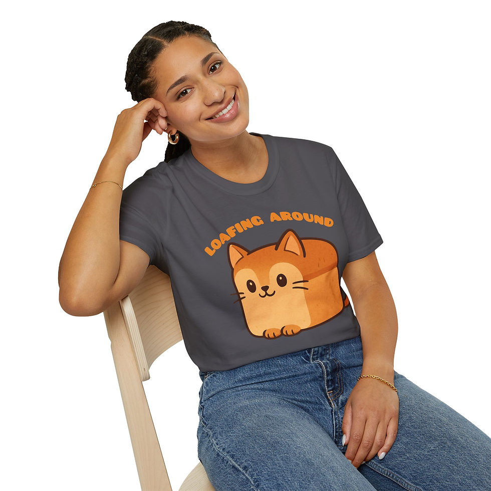 Thumbnail: orange bread loaf cartoon cat with text Loafing Around arched above it on a t-shirt