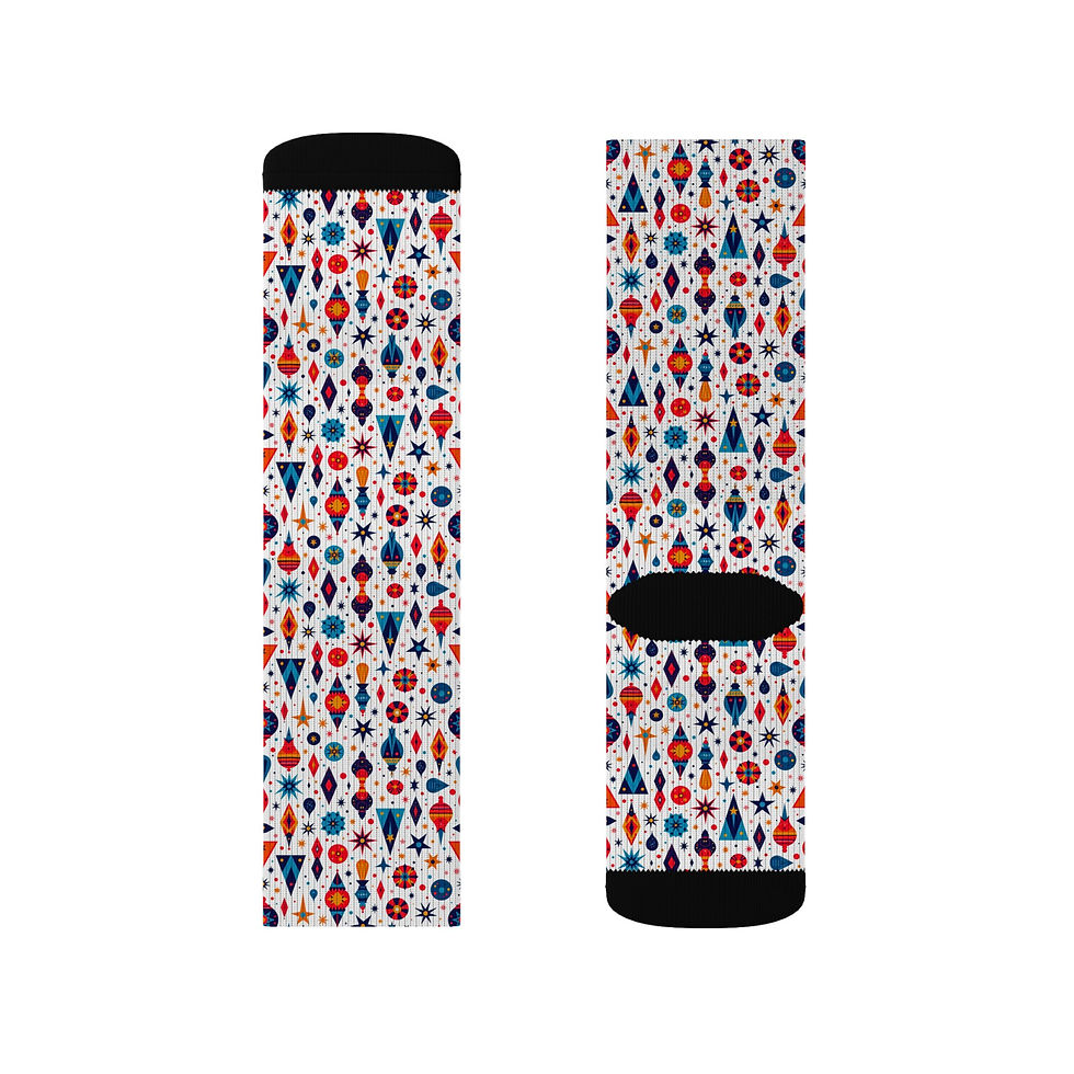 Thumbnail: Bold Geometric Pattern Socks, Retro Red, Blue & Orange Crew with Black Accents