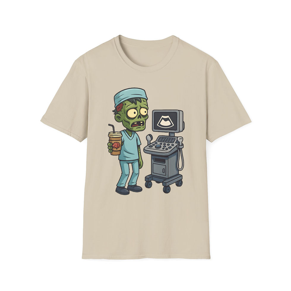 Thumbnail: Cartoon Zombie holding a tumbler with a straw and a brain on it standing next to ultrasound machine on a t-shirt