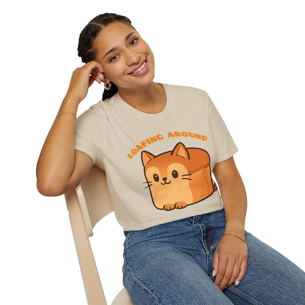 Thumbnail: orange bread loaf cartoon cat with text Loafing Around arched above it on a t-shirt