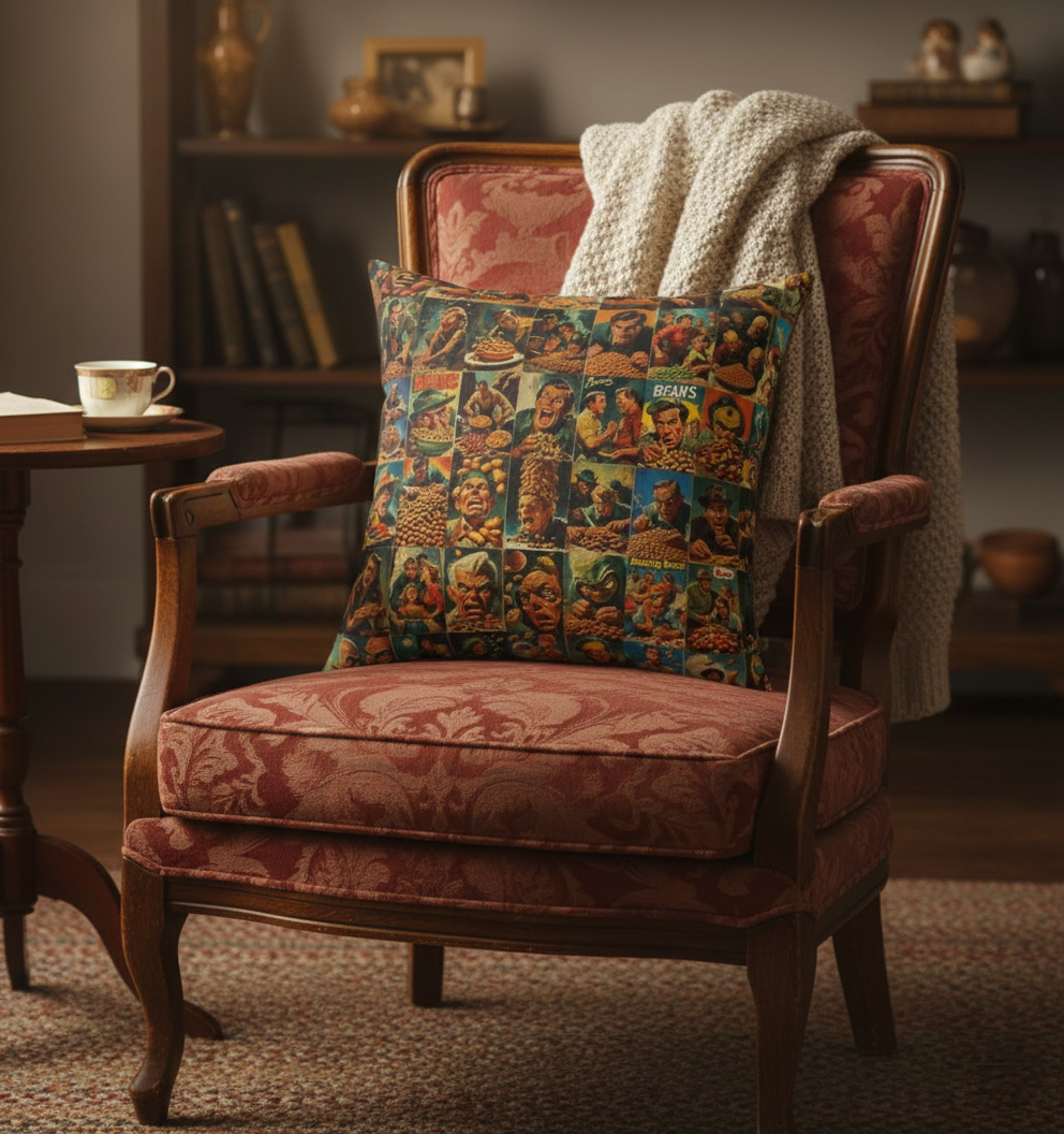 Retro Comic Bean Wars Pillow – Furious Faces, Bold Colors, Surreal Humor