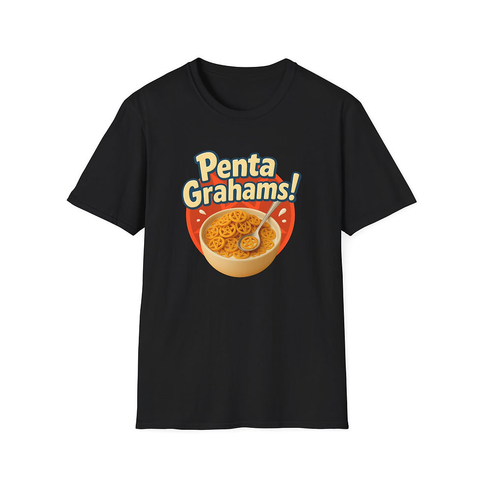 Thumbnail: black t-shirt with bowl of cereal shaped like pentagrams with text Penta Grahams! on top of red pentagram in background