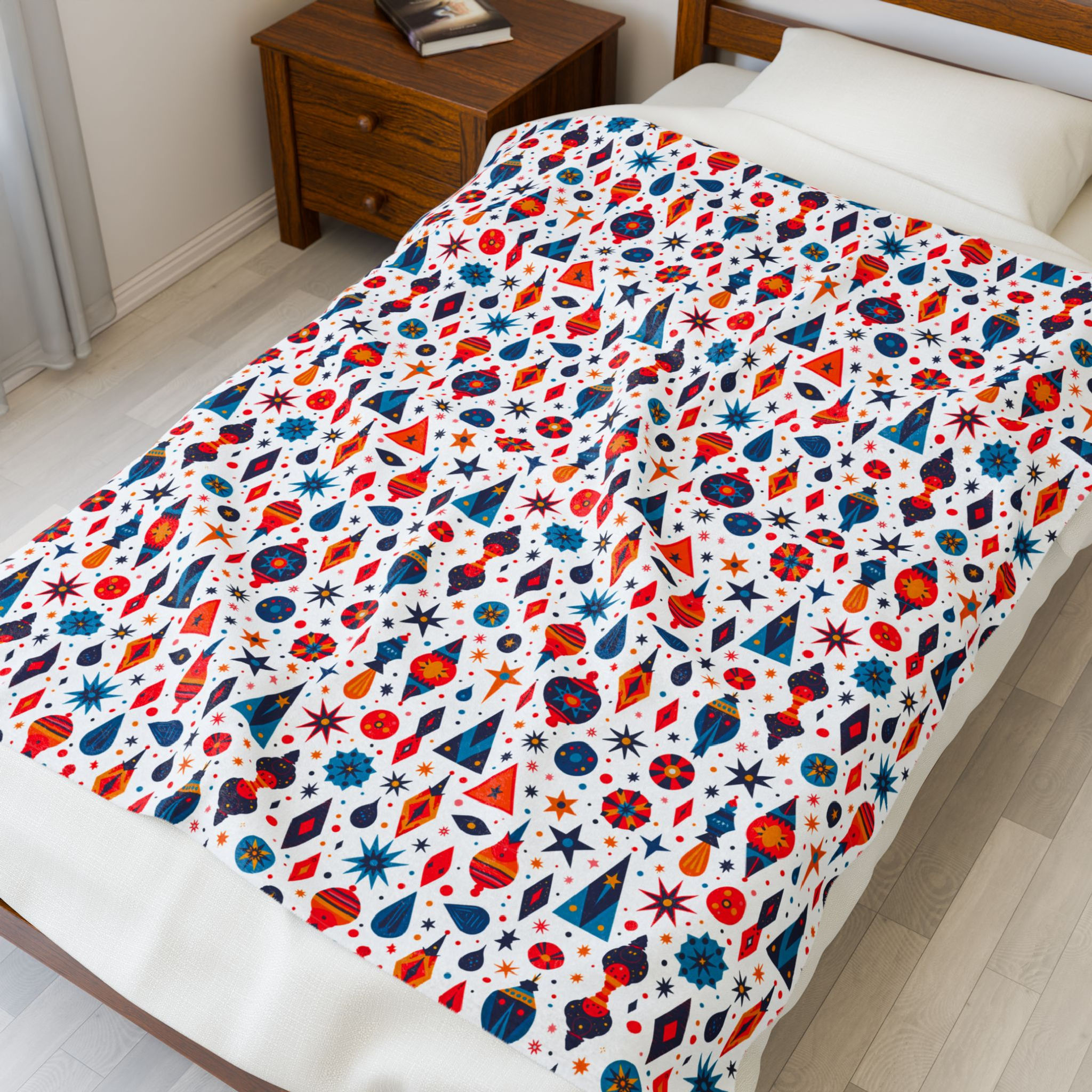 Retro Holiday Velveteen Plush Blanket, Geometric Trees & Snowflakes