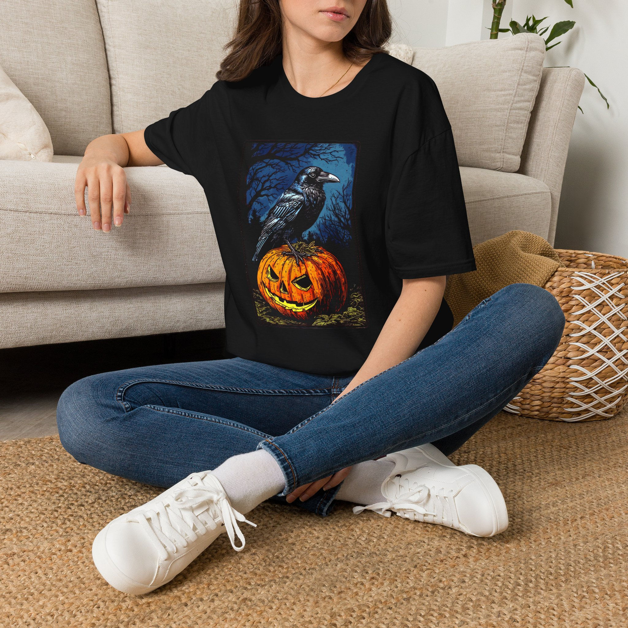 Halloween Crow on Jack-O'-Lantern Pumpkin Shirt, Spooky Raven Night Scene Tee