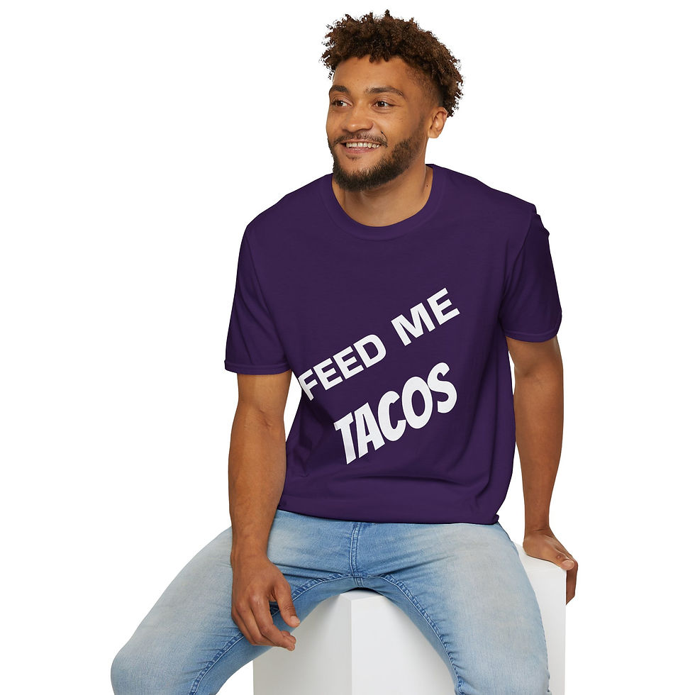 Thumbnail: bold text feed me tacos at a slant on a t-shirt