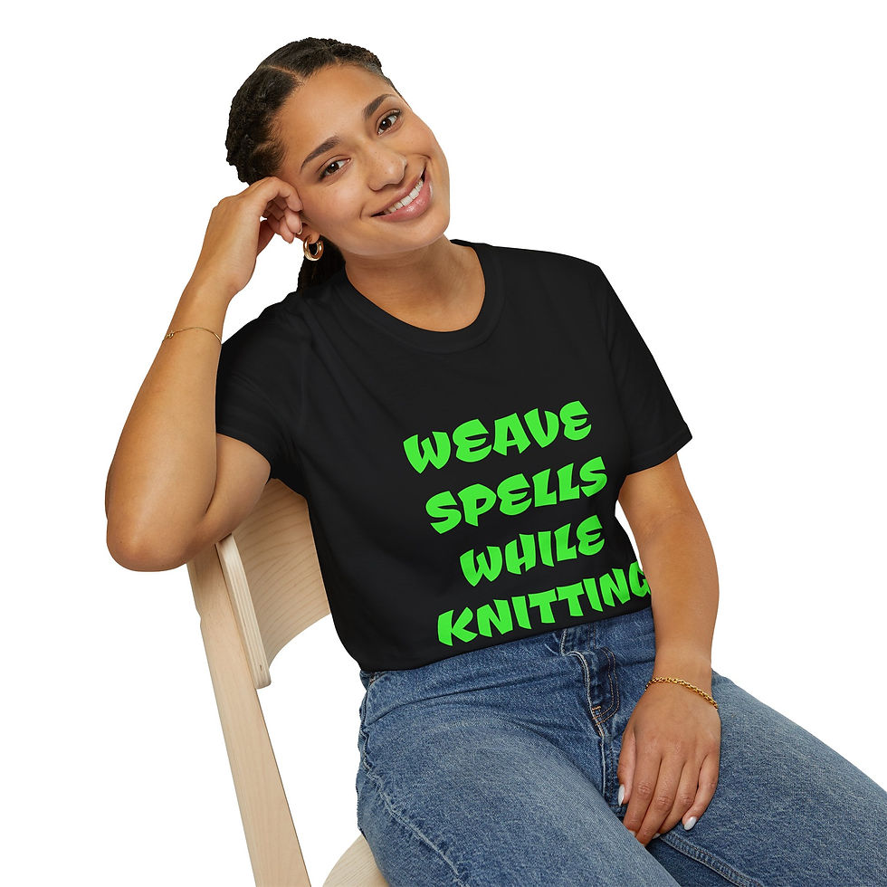 bold text weave spells while knitting on a t-shirt