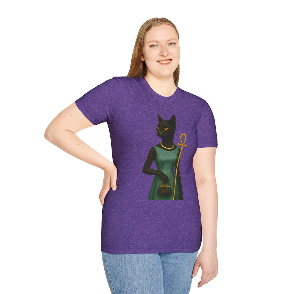 Thumbnail: Bastet Goddess T-Shirt, Egyptian Cat in Teal 1960s Dress with Ankh Staff