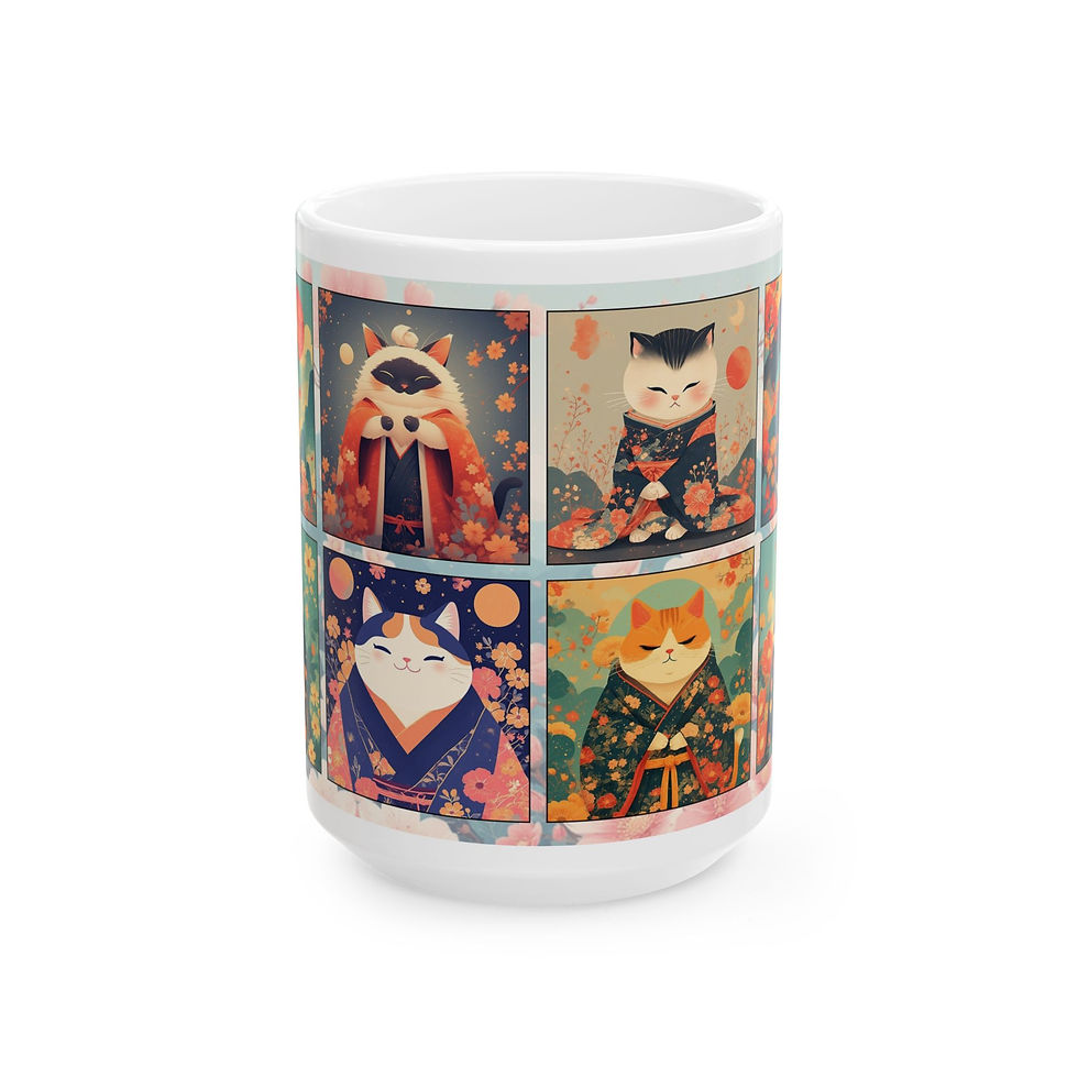 Thumbnail: Japanese Cat Mug, Ceramic Kawaii Cats in Kimono, Cherry Blossom Art