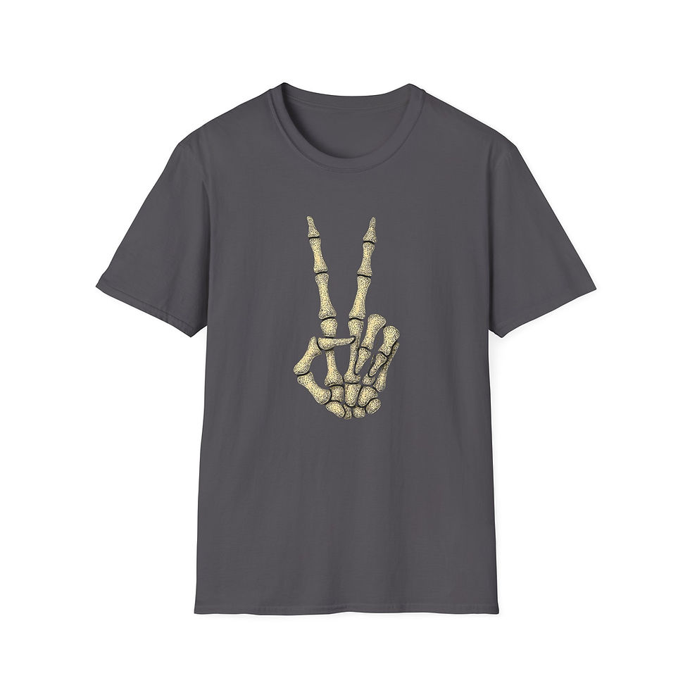 Thumbnail: charcoal grey tee with skeleton hand in peace sign