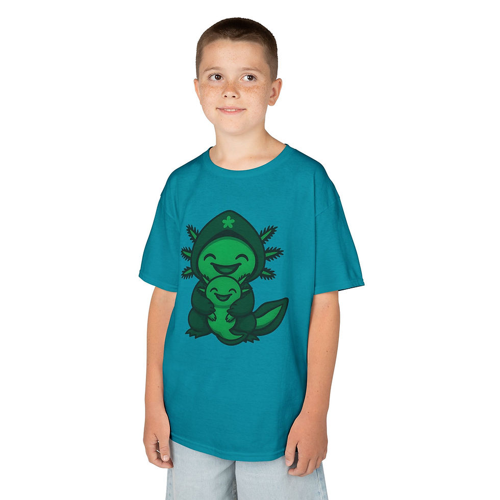 Thumbnail: Cute green cartoon axolotl holding a small matching plush on a t-shirt  