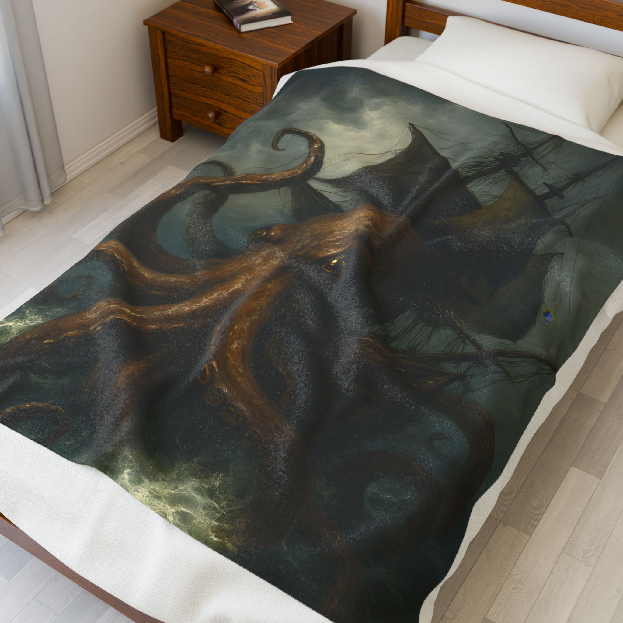Kraken Attacks Ship Velveteen Plush Blanket, Mythical Sea Monster Nautical Throw