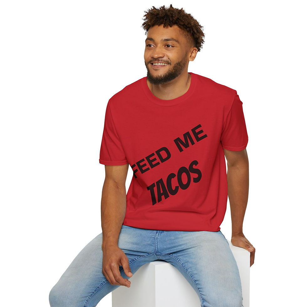 Thumbnail: bold text feed me tacos at a slant on a t-shirt