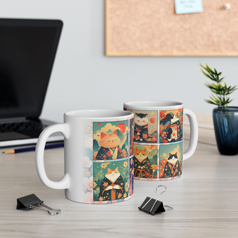 Thumbnail: Japanese Cat Mug, Ceramic Kawaii Cats in Kimono, Cherry Blossom Art